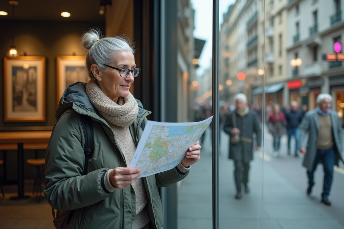 Femme âgée examinant une carte des prix immobiliers en ville