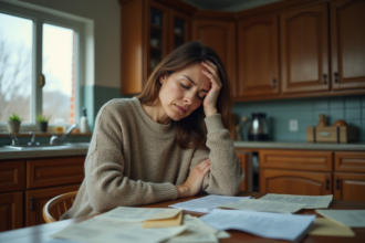 Femme inquiète assise à la table avec factures et lettres