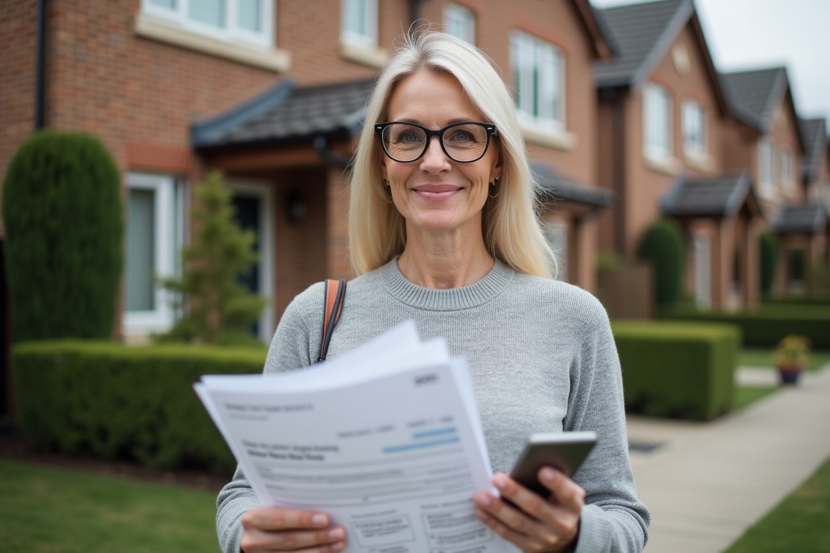 Femme tenant des factures de travaux devant une maison