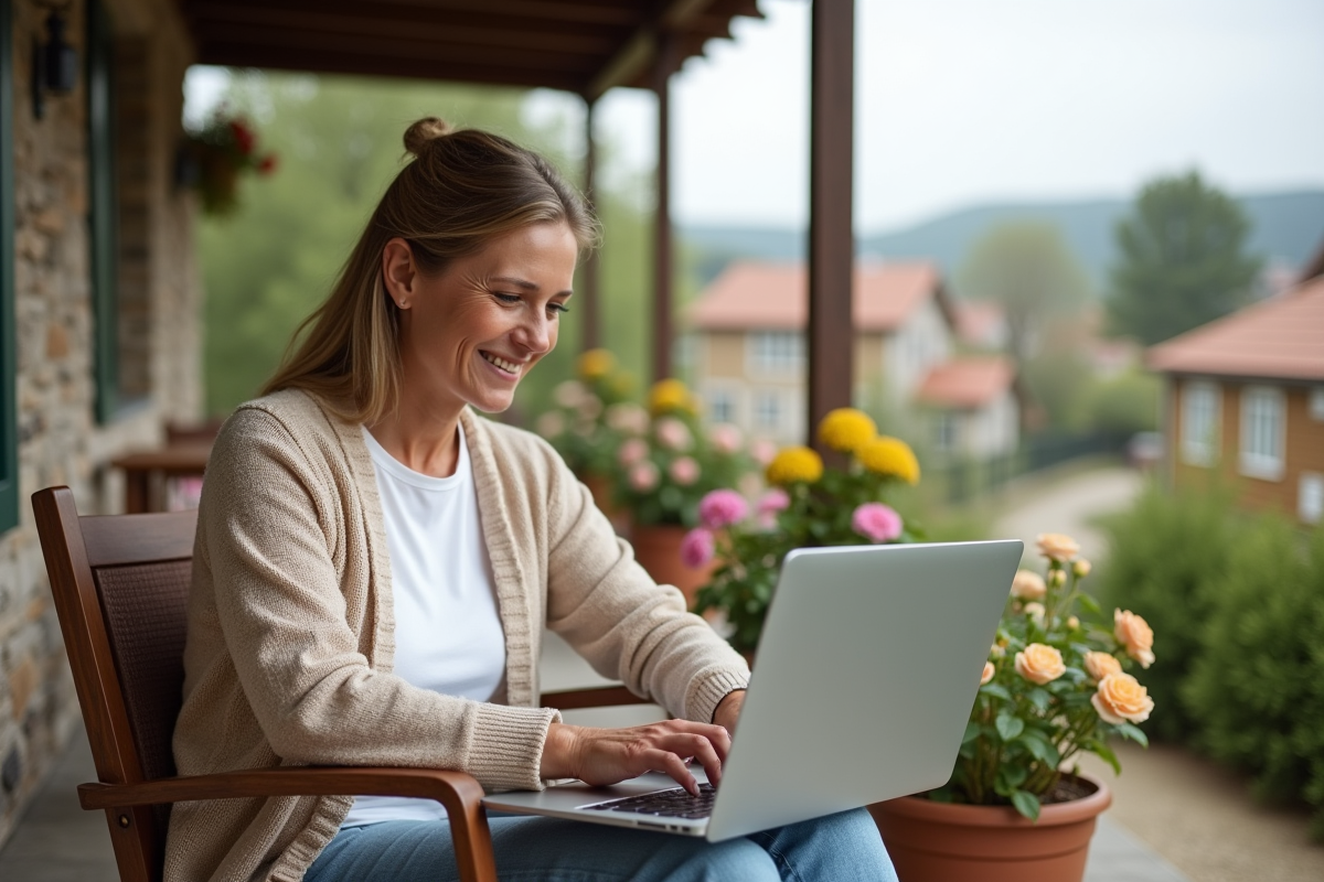 Femme souriante utilisant un ordinateur sur la véranda d
