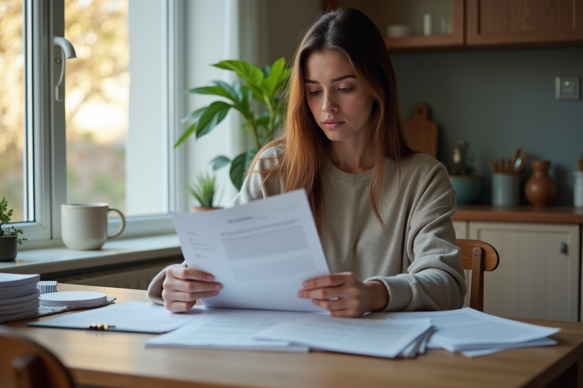 Jeune femme lisant des documents dans une cuisine lumineuse