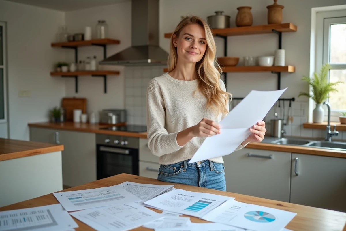Jeune femme regardant des documents d estimation immobilière dans la cuisine