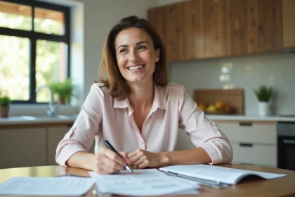 Femme en cuisine examinant des documents de prêt immobilier