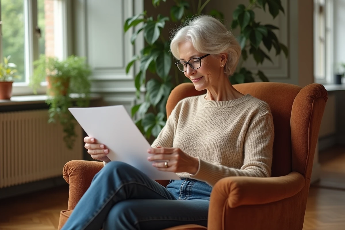 Femme assise dans un salon vintage relisant des papiers