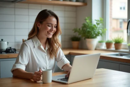 Femme souriante vérifiant ses réservations de location