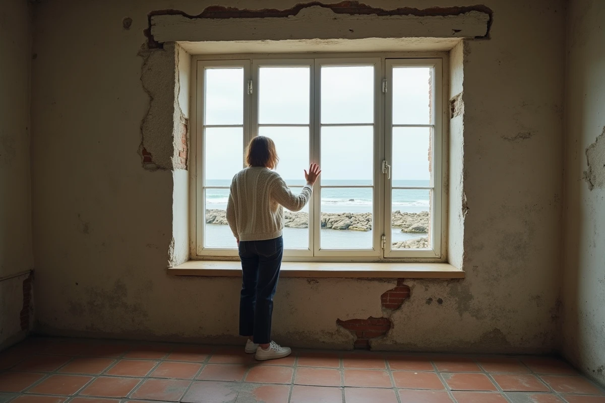 Femme contemplant la mer depuis l'intérieur d'une maison normande vide à vendre en bord de mer