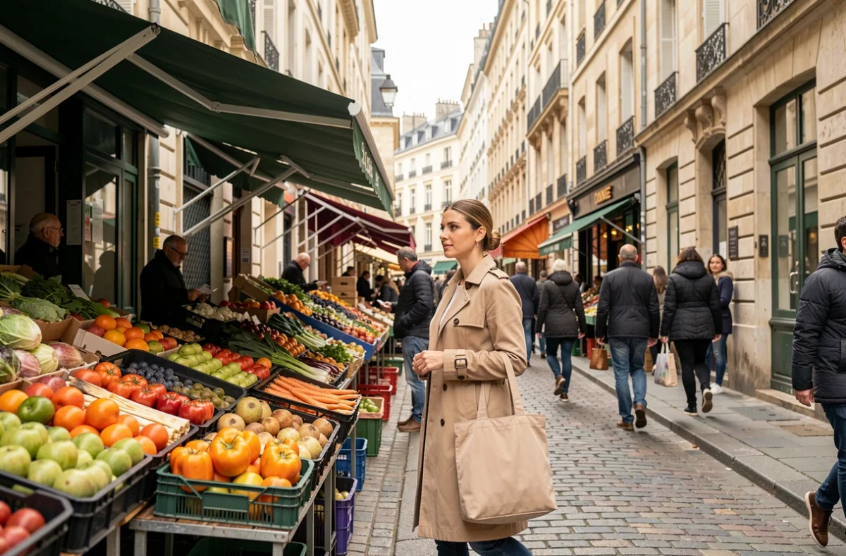 Femme explorant le marché de Talensac à Nantes pour évaluer la vie de quartier avant de s'y installer