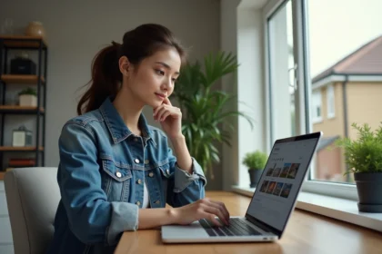 Femme en bureau regardant une annonce immobiliere sur son ordinateur