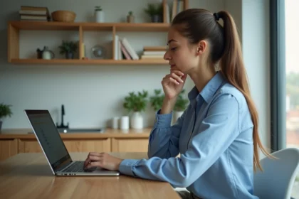 Jeune femme en bleu tapant sur un ordinateur pour une location