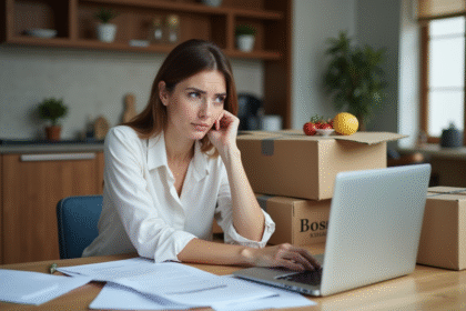 Femme réfléchissant avec papiers dans un appartement en déménagement