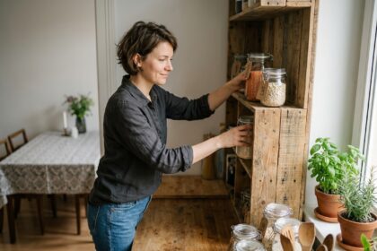 Femme arrangeant des bocaux d'épicerie dans une cuisine lumineuse