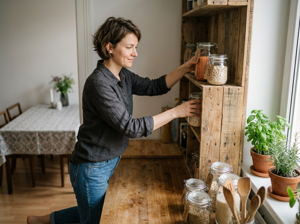 Femme arrangeant des bocaux d'épicerie dans une cuisine lumineuse