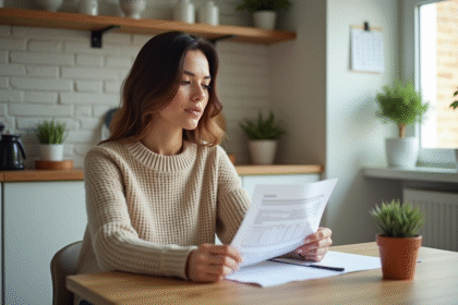 Femme organisée examinant des documents de location dans une cuisine lumineuse