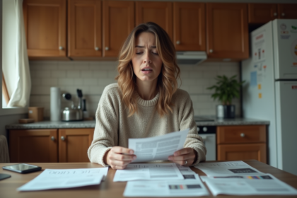 Femme préoccupée examinant des documents à la maison