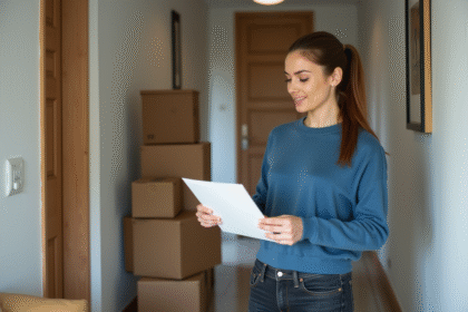 Femme pliant une lettre dans un appartement en transition
