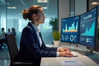 Femme professionnelle configurant un tableau de bord intranet IAD pour suivre ses objectifs de chiffre d'affaires sur grand écran