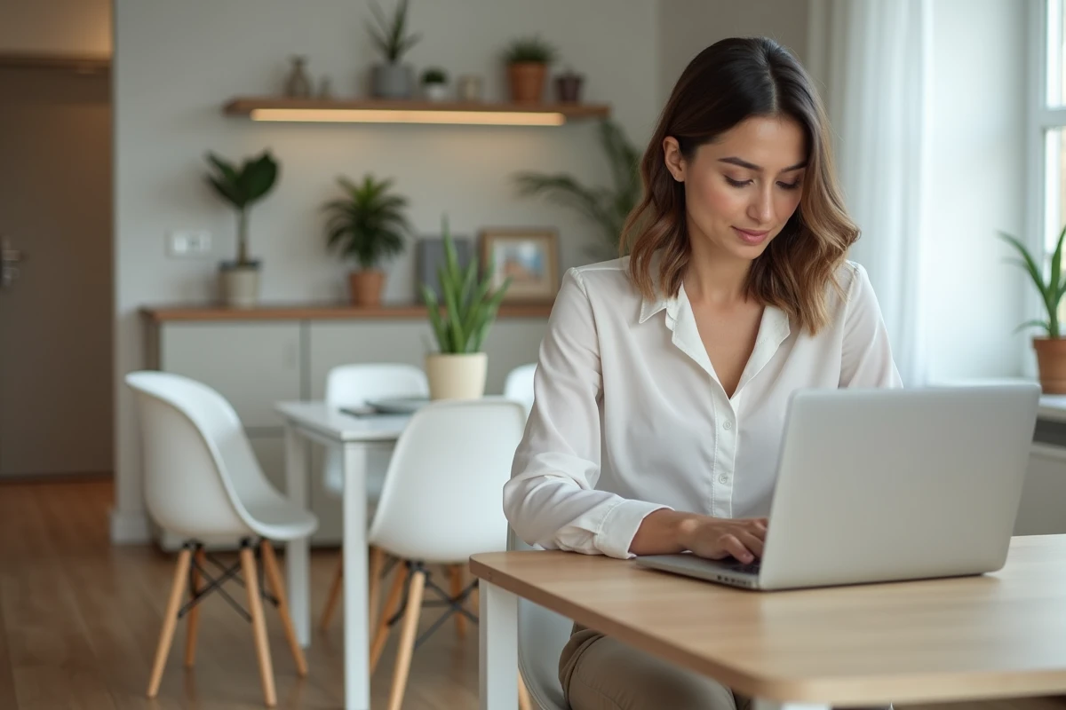Femme en blouse blanche consulte des annonces immobilières