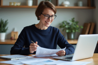 Femme souriante vérifiant un formulaire fiscal à la maison