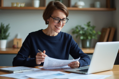 Femme souriante vérifiant un formulaire fiscal à la maison