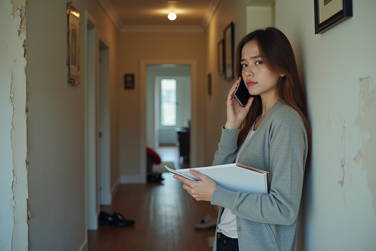 Femme au téléphone près des dégâts d