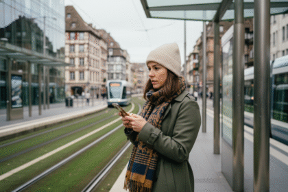Jeune femme dans un tram à Strasbourg regardant son smartphone