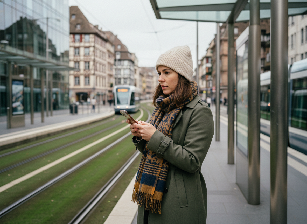 Jeune femme dans un tram à Strasbourg regardant son smartphone