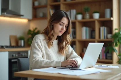 Jeune femme travaillant sur son ordinateur dans une cuisine lumineuse