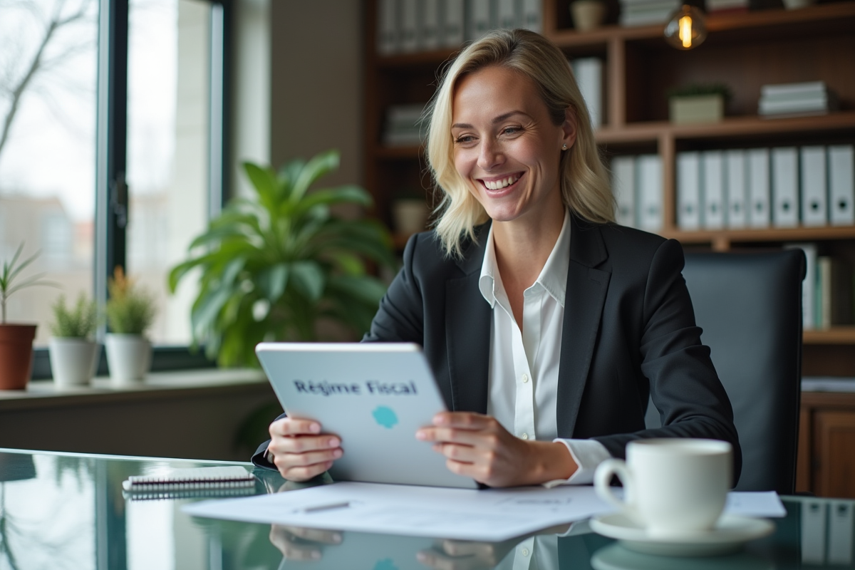 Femme souriante travaillant dans un bureau à domicile lumineux