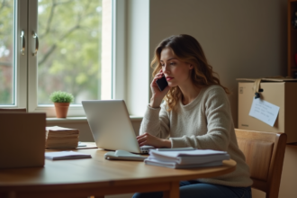 Femme en télétravail dans un appartement moderne