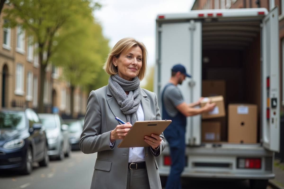 Femme d affaires vérifiant une liste devant un camion de déménagement