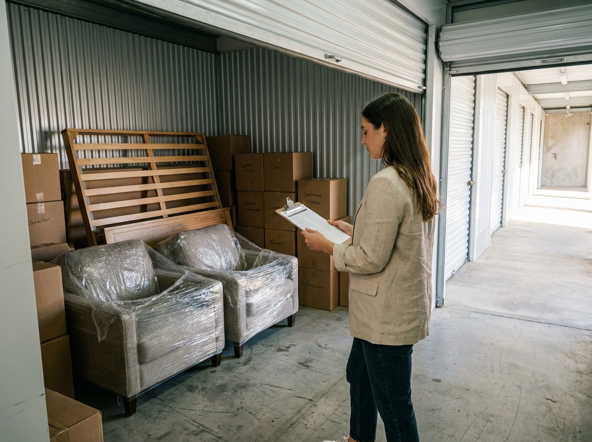 Jeune femme consultant une liste dans un box de garde-meuble rempli de meubles emballés et de cartons de déménagement
