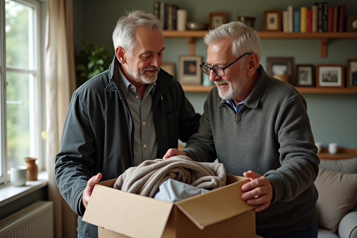 Fils aidant son père à faire ses valises dans un appartement