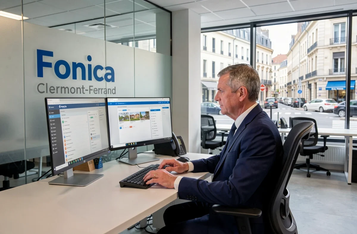 Gestionnaire Foncia Clermont-Ferrand consultant un tableau de bord numérique de gestion locative dans son agence