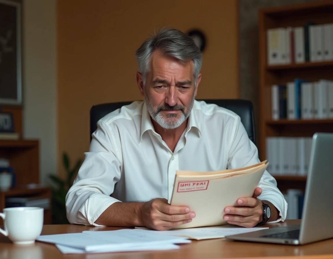 Homme d'affaires examinant des courriers NPAI non distribuables sur son bureau professionnel