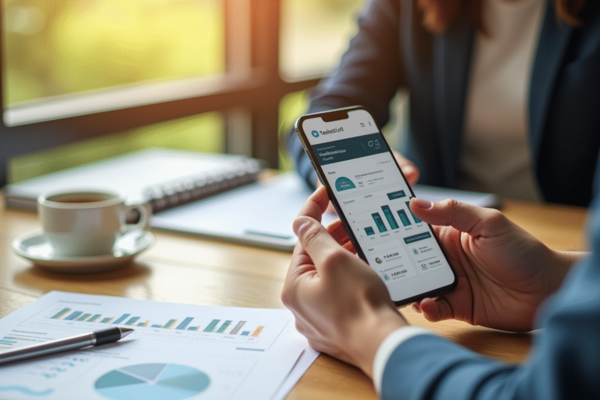 Personne utilisant un smartphone pour gestion location en ligne