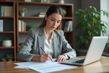 Femme gestionnaire immobilière analysant des contrats de location à son bureau avec des documents et un ordinateur portable