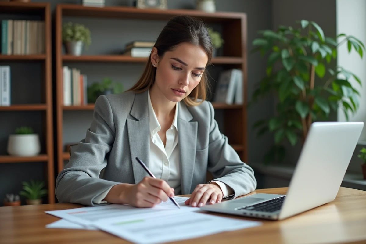 Femme gestionnaire immobilière analysant des contrats de location à son bureau avec des documents et un ordinateur portable