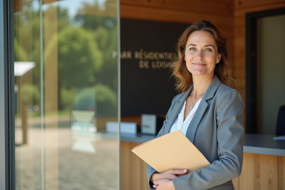 Gestionnaire d'un parc résidentiel de loisirs consultant des documents de location LMNP dans un bureau moderne