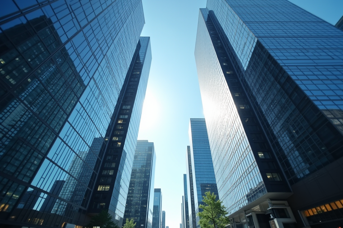 Gratte-ciel modernes reflettes dans des vitres avec graphique de baisse des taux immobiliers