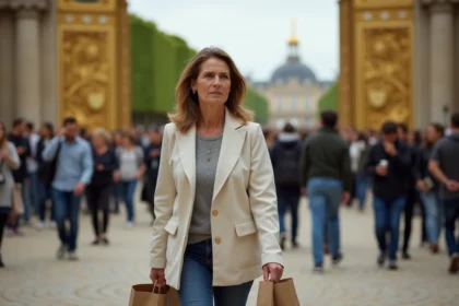 Une habitante de Versailles en blazer lin marche sur les pavés face aux grilles dorées du château envahi de touristes