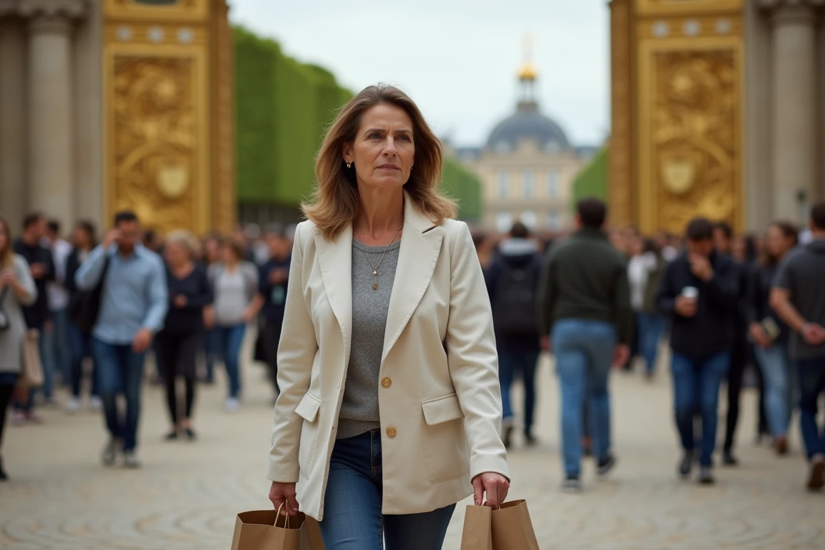 Une habitante de Versailles en blazer lin marche sur les pavés face aux grilles dorées du château envahi de touristes