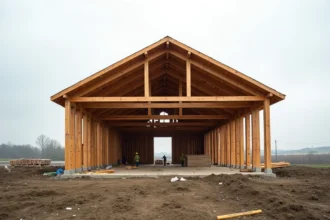 Hangar agricole en bois en cours de construction dans la campagne française, charpente apparente et structure en ossature bois