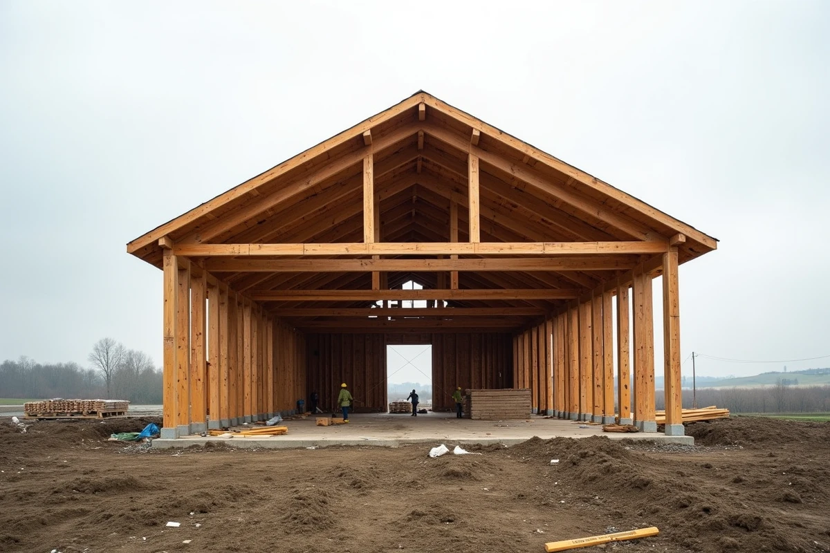 Hangar agricole en bois en cours de construction dans la campagne française, charpente apparente et structure en ossature bois