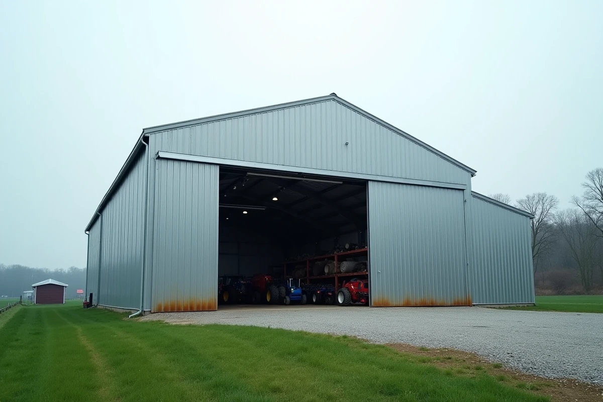 Hangar agricole métallique moderne avec bardage en acier galvanisé sur une exploitation agricole, portes coulissantes ouvertes sur du matériel agricole