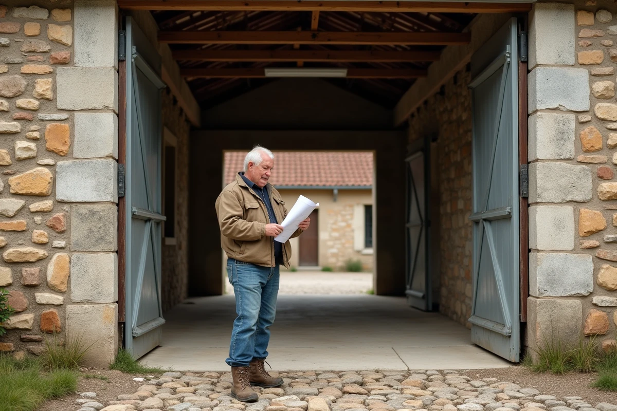 Agriculteur examinant des plans devant un hangar mixte bois et métal sur une ferme traditionnelle française avec cour en pavés