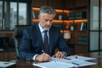 Homme d'affaires en costume bleu dans un bureau moderne