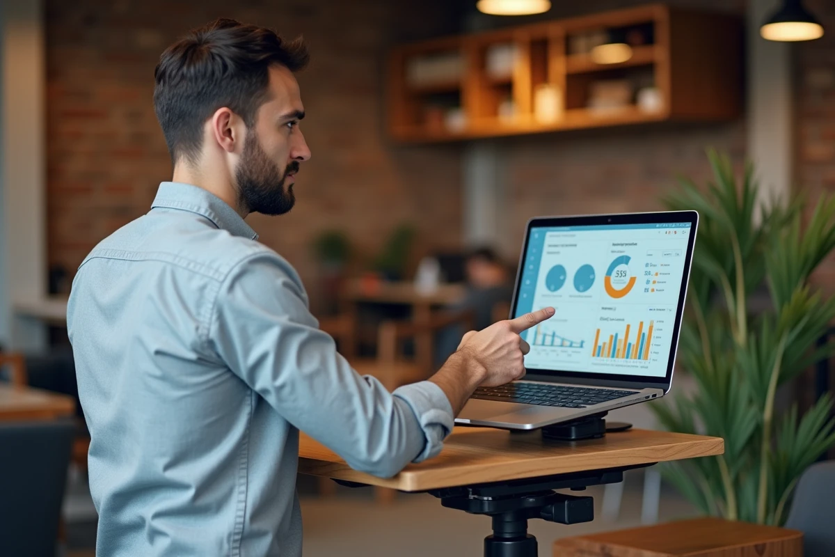 Homme d'affaires debout consultant un outil intranet de suivi d'objectifs de chiffre d'affaires sur ordinateur portable dans un coworking