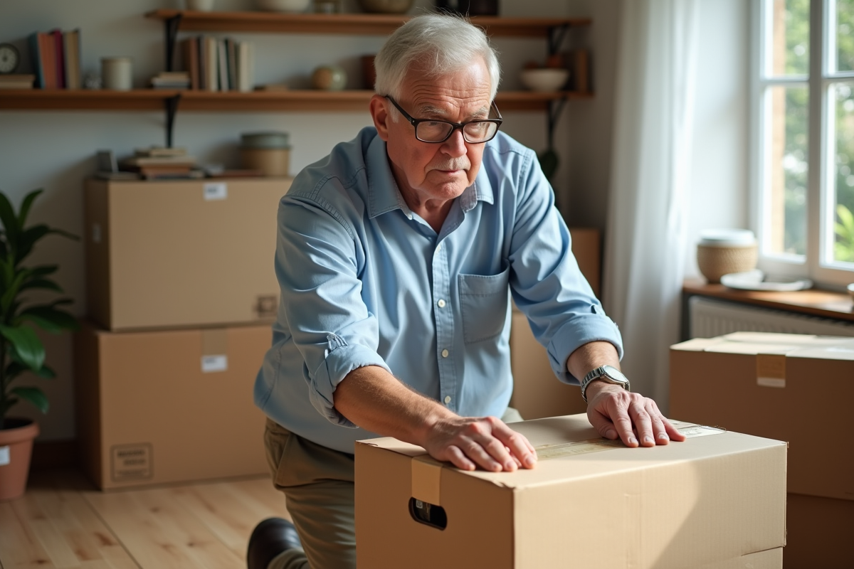 Homme âgé emballant une caisse dans un salon ensoleille