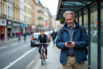 Homme d'âge moyen vérifiant son trajet à un arrêt de bus