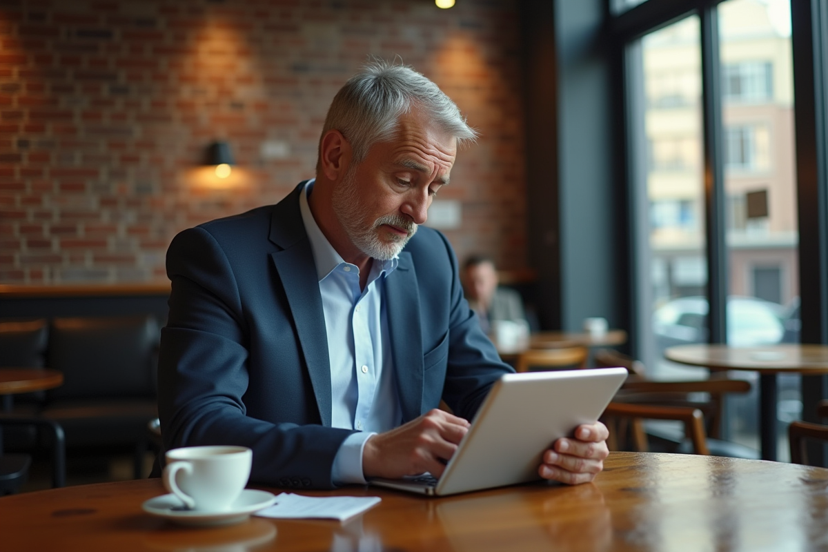 Homme d affaires étudie des graphiques sur une tablette dans un café